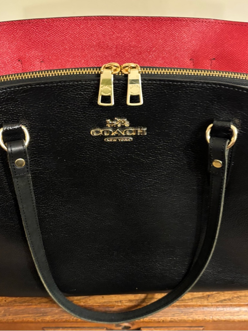 Coach Black Leather Tote with Red Interior Accent - Picture 13 of 14